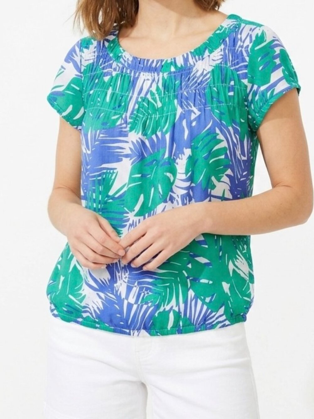 Loft Women's Georgette Blouse XS Tropical Print Cap Sleeve Sheer Blue Green Top